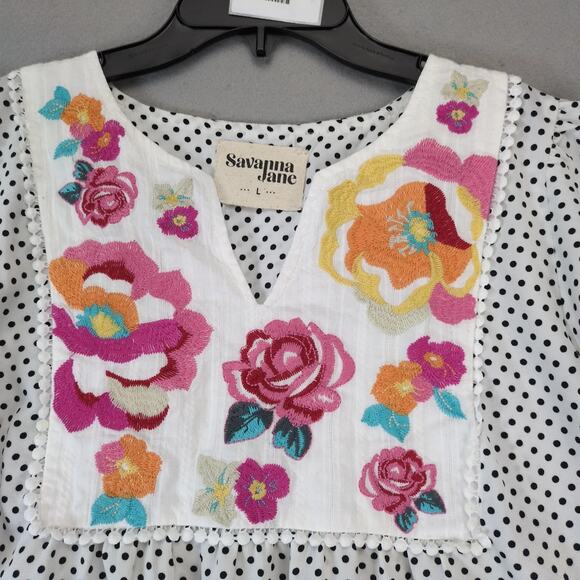 Savanna Jane Floral Embroidered Blouse Women's L B&W Polka Dot Babydoll Top Boho - Picture 8 of 10